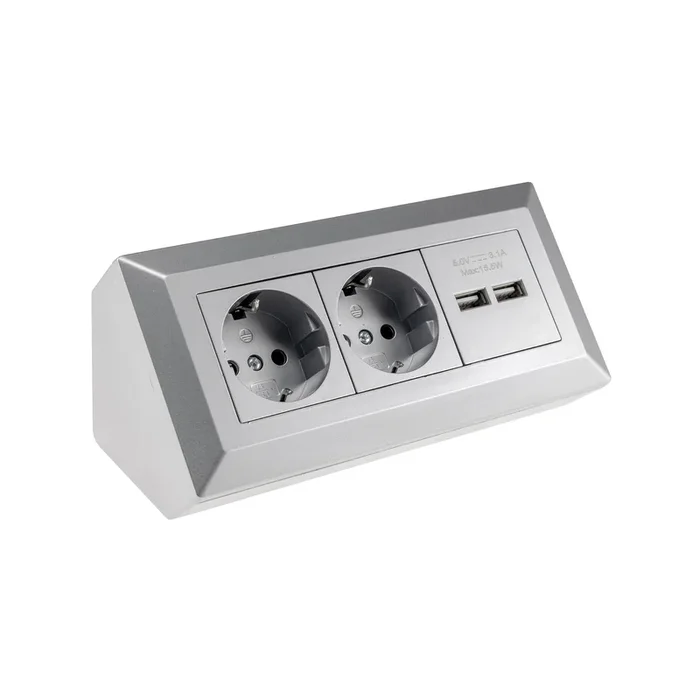 2-fach Steckdosenblock + 2x USB, silber 250V~/ 16A, Aufbaumontage, USB 3,1A