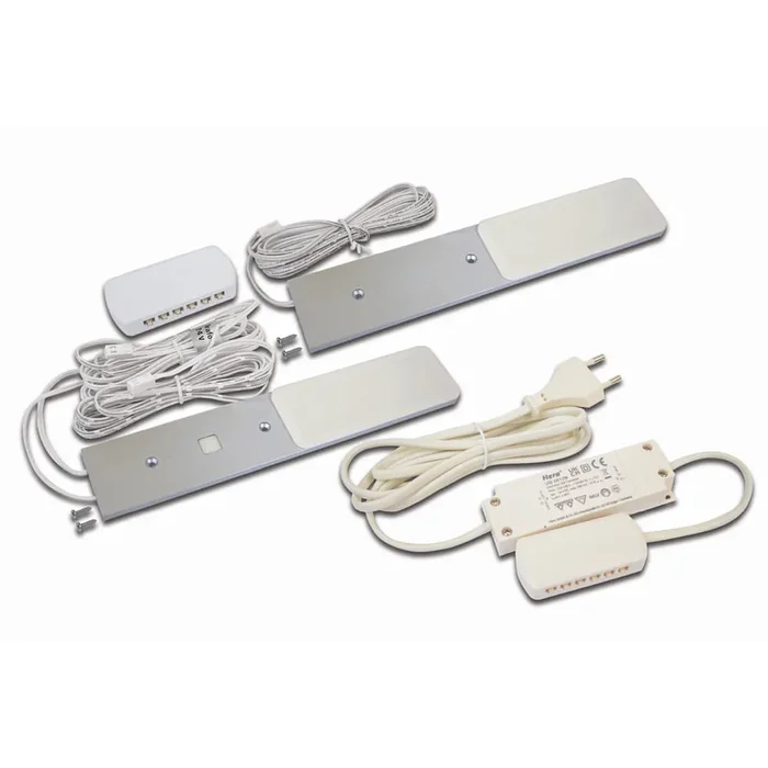 2er Set LED Unterbauleuchte S-PAD F, inkl. Steckertrafo + Touch-Dimmer + Verteiler, LED 24-Stecker, 2x 3W 3000K, alu eloxiert
