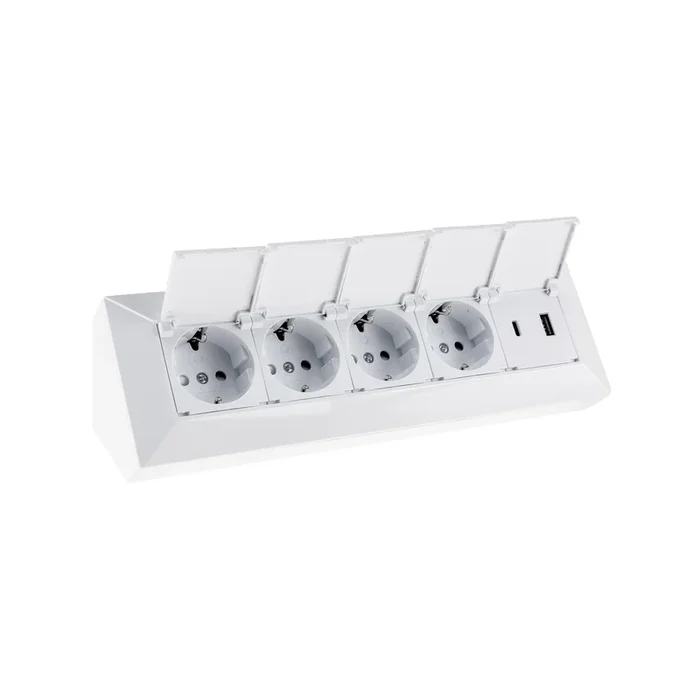 4-fach Steckdosenblock, USB-A+C, weiß 250V~/ 16A, USB 3,1A, PD, mit Klappen