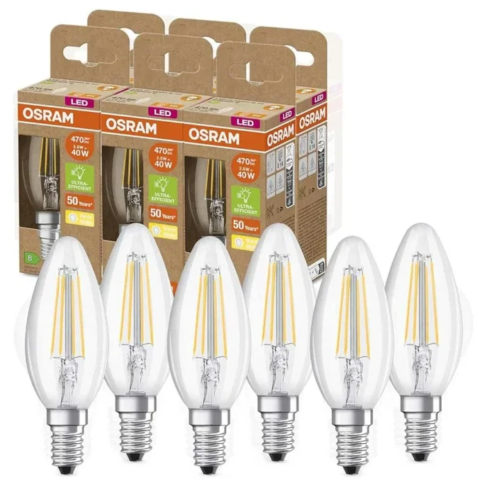 6 x Osram LED Filament Kerze 2,5W = 40W E14 klar 470lm Warmweiß 2700K ultra effizient