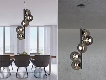 ECO-LIGHT Pendelleuchte NEPTUN 5 flammig in Schwarz mit Rauchglas Kugeln lang, Höhe 183cm