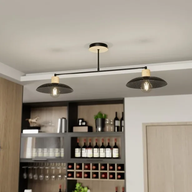 EMIBIG Deckenlampe KOBE 2 Japandi-Stil Holz / Metall E27 Höhe 30 cm 15W 2-flammig schwarz – ohne Leuchtmittel