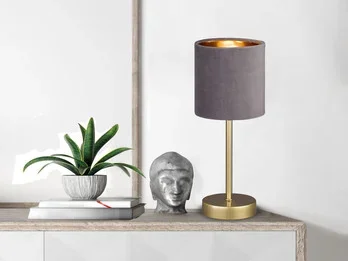 Fischer & Honsel Tischlampe AURA mit Lampenschirm Samt Grau innen Gold, Höhe 34cm