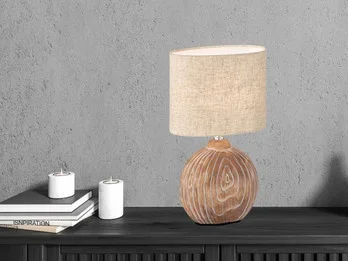 Fischer & Honsel Tischleuchte TOBSE, Keramikfuß Holzfarben & Lampenschirm Leinen Beige, Höhe 39cm