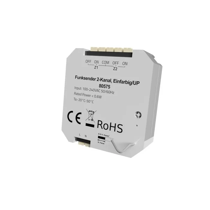 Funksender 2-Kanal, einfarbig / Unterputz (UP) Funksender, 100-240V AC, steuerbar �ber externen Taster