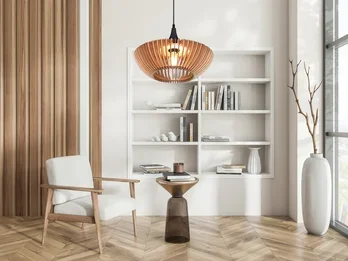 meineWunschleuchte LED Pendelleuchte 1-flammig in Anthrazit & Naturholz Lamellenlampe, Ø 40 cm