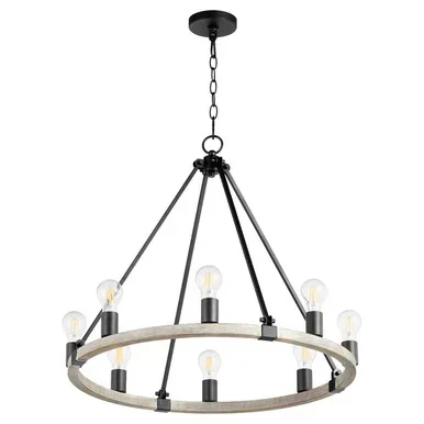 Quorum Paxton Eight Light Chandelier in Textured Black w/ Weathered Oak Finish – 64-8-6941
