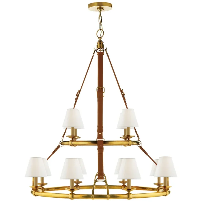 Ralph Lauren Westbury Double Tier Chandelier in Natural Brass and Saddle Leather with Linen Shades Ceiling Light W43″ x H45″RL 5183NB-L