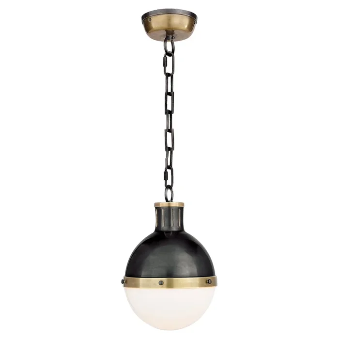 Thomas O’Brien Hicks Small Pendant in Bronze and Hand-Rubbed Antique Brass with White Glass Ceiling Light W8.5″ x H11.75″TOB 5062BZ/HAB-WG