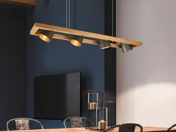 Trio Leuchten Pendelleuchte BELL 4-flammig Metallschirme schwenkbar im Holzrahmen, B: 100cm
