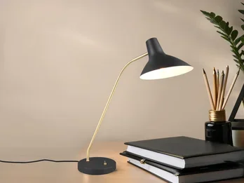 Trio Leuchten Retro Schreibtischleuchte TRAVELLER Schwarz-Gold mit Flexarm, Höhe 54cm